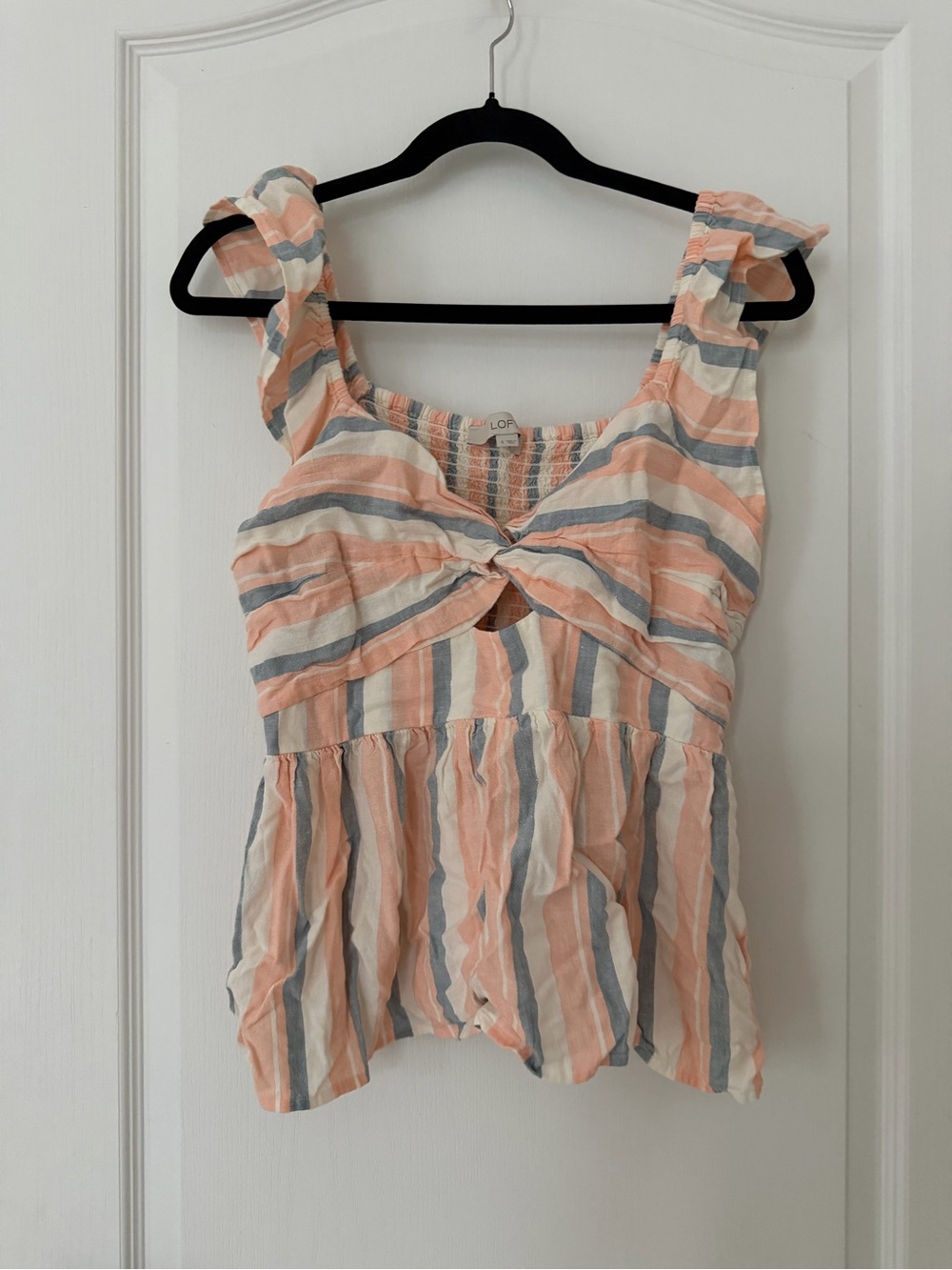 LOFT Peach, Cream & Gray Striped Twist-Front Peplum Camisole